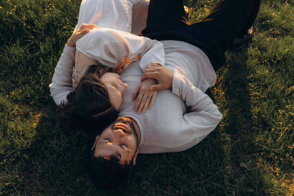 Couple enjoying sunset photoshoot in nature near Prague