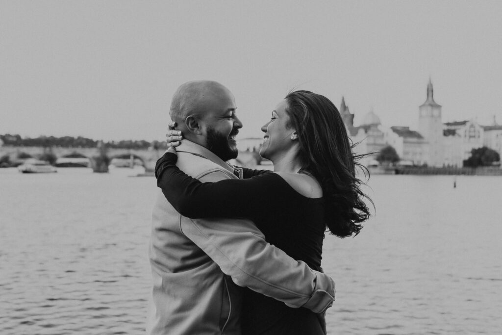 Romantic engagement photoshoot by Vltava River in Prague
