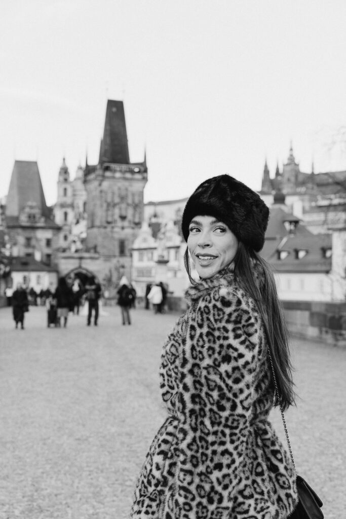 Portrait photography in Prague city centre with historic background