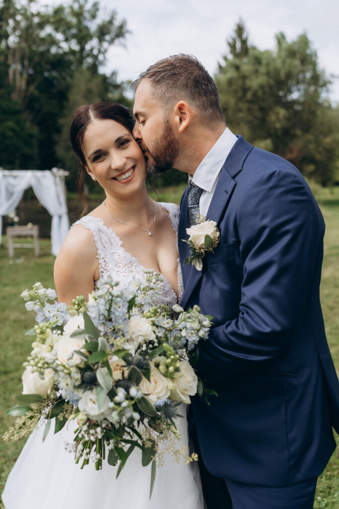 Bride and groom portraits during outdoor wedding near Prague