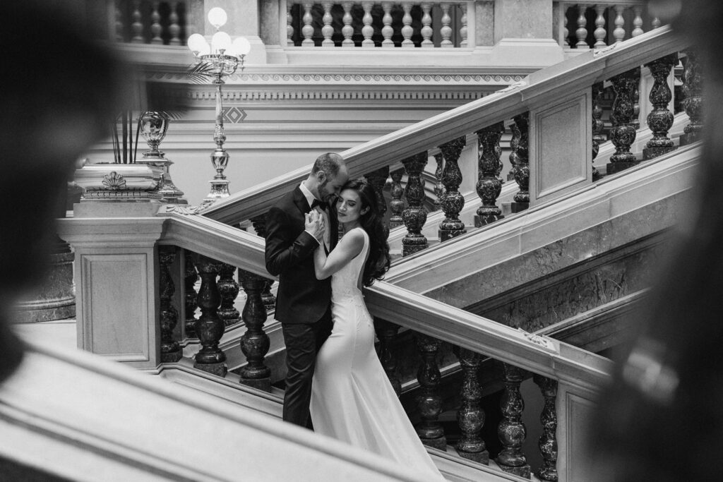 Bride and groom editorial wedding photos at Prague National Museum
