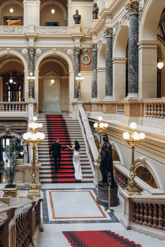 Elegant wedding editorial photography at Prague National Museum