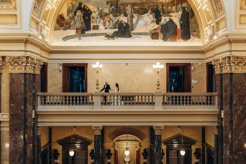 Elegant wedding editorial photography session at Prague National Museum