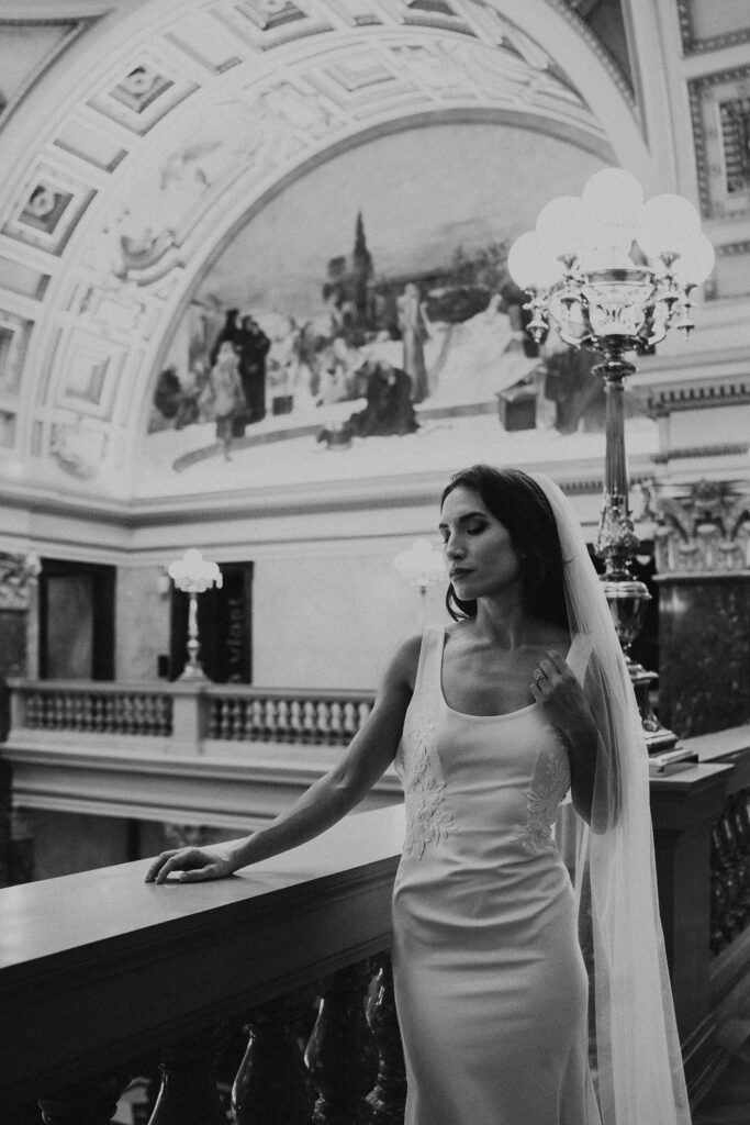 Wedding editorial portrait of bride at Prague National Museum