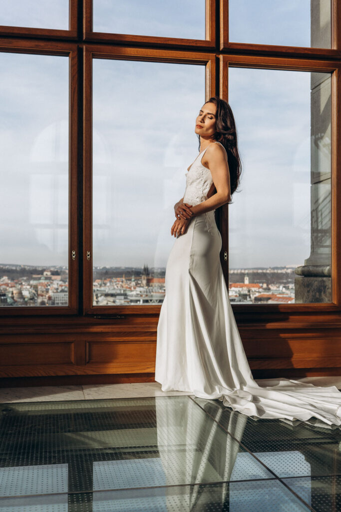 Bride in classic editorial portrait at Prague National Museum
