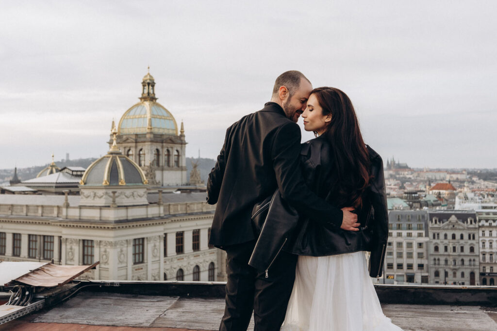 Editorial wedding couple portraits captured on Prague rooftop