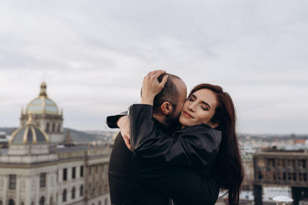 Wedding portraits of couple with historic Prague National Museum in background
