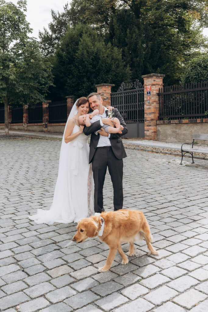 Outdoor wedding portraits in Prague in warm summer light